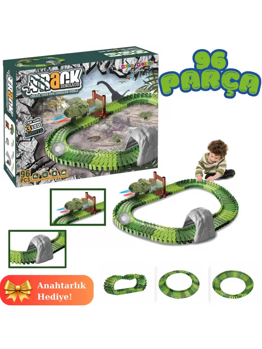 Dinozor Trucks 96 Parça Raylı Pist - Raylı Araç Oyuncak - Tren Oyuncak - Renkli Araç Yolu - Dino Trucks