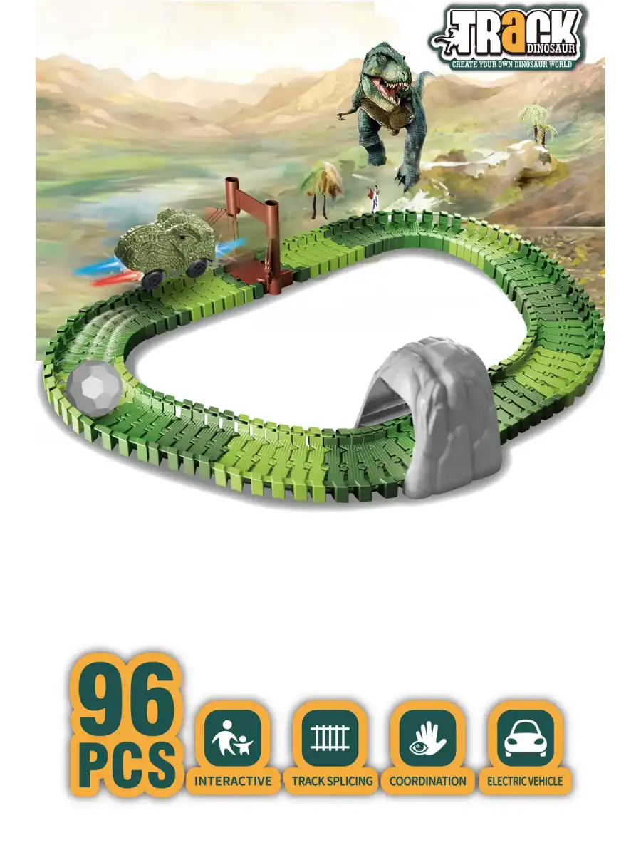 Dinozor Trucks 96 Parça Raylı Pist - Raylı Araç Oyuncak - Tren Oyuncak - Renkli Araç Yolu - Dino Trucks