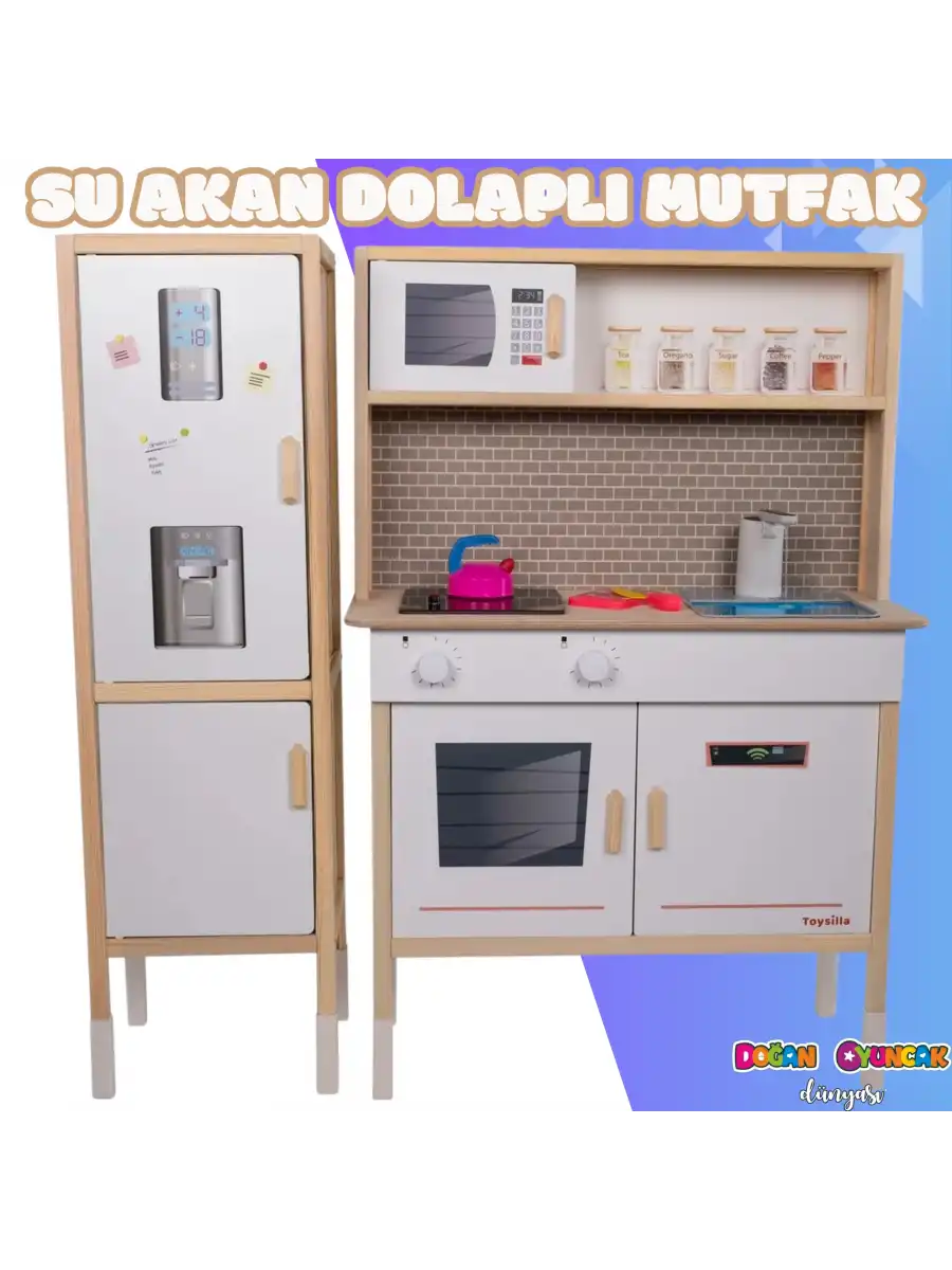 Dolaplı Musluktan Su Akan Işıklı Ahşap Mutfak - Ahşap Çocuk Mutfağı ve Buzdolabı - Ledli Mutfak Seti Buzdolaplı Su Akıtan Mutfak - Beyaz