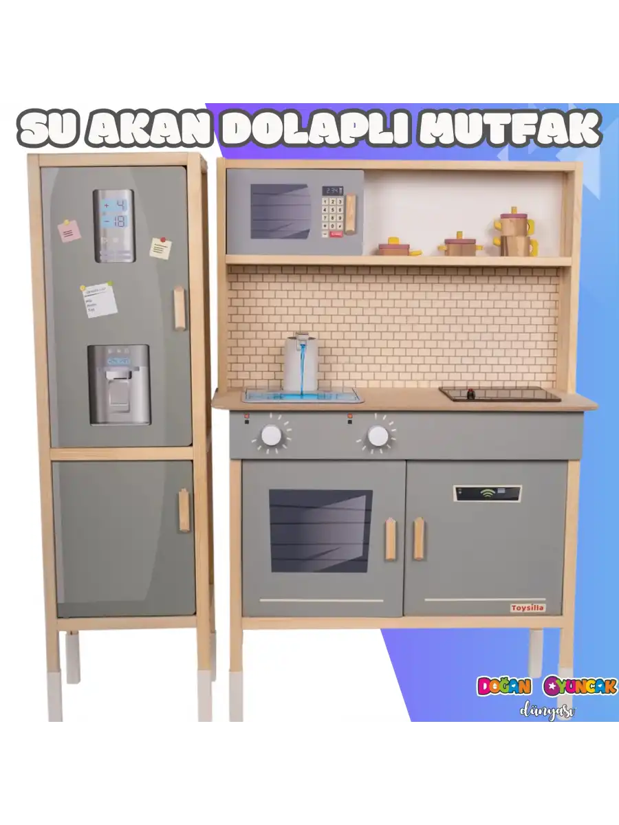 Dolaplı Musluktan Su Akan Işıklı Ahşap Mutfak - Ahşap Çocuk Mutfağı ve Buzdolabı - Ledli Mutfak Seti Buzdolaplı Su Akıtan Mutfak - Gri