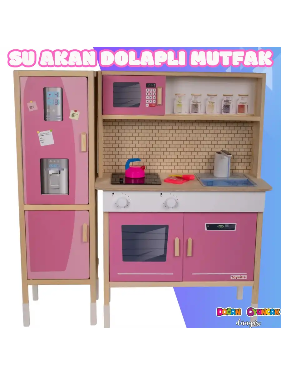 Dolaplı Musluktan Su Akan Işıklı Ahşap Mutfak - Ahşap Çocuk Mutfağı ve Buzdolabı - Ledli Mutfak Seti Buzdolaplı Su Akıtan Mutfak - Pembe