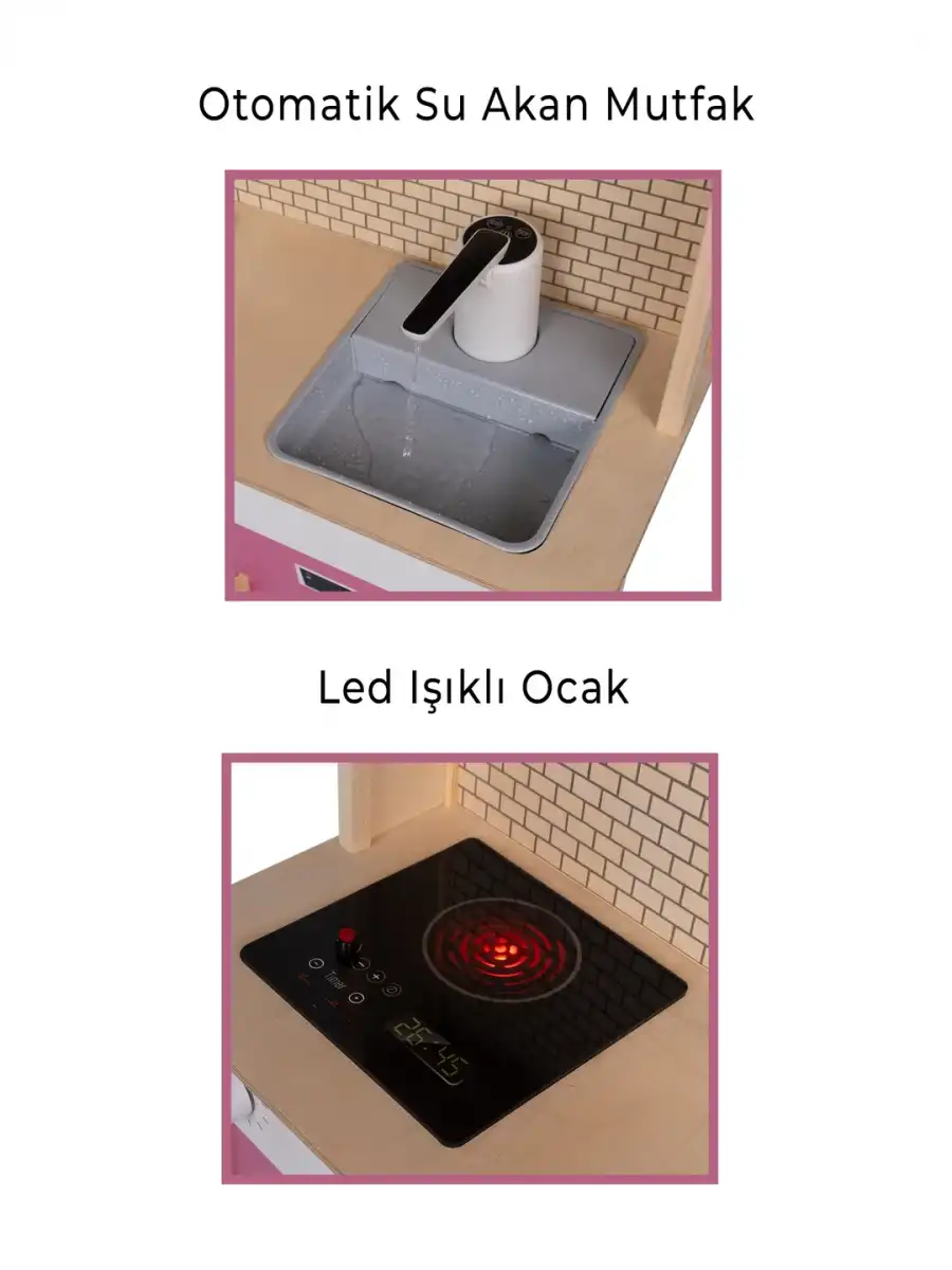 Dolaplı Musluktan Su Akan Işıklı Ahşap Mutfak - Ahşap Çocuk Mutfağı ve Buzdolabı - Ledli Mutfak Seti Buzdolaplı Su Akıtan Mutfak - Pembe