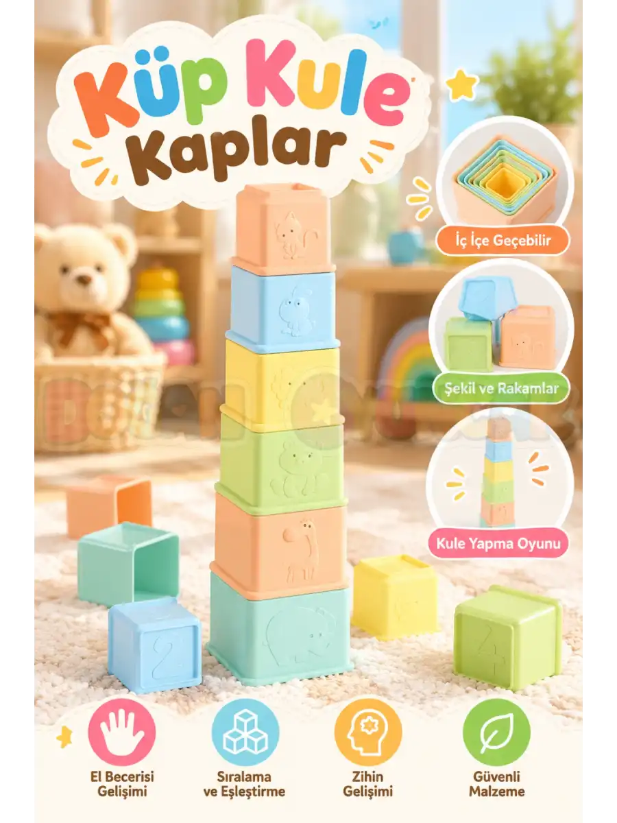 Dolu 5204 Küp Kule Kaplar - Eğitici Kule Oyuncağı
