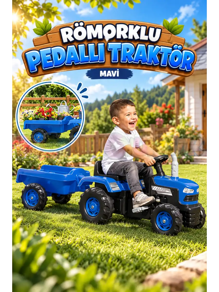 Dolu 8253 Römorklu Traktör Pedallı Mavi - Römorklu Pedallı Çocuk Traktörü