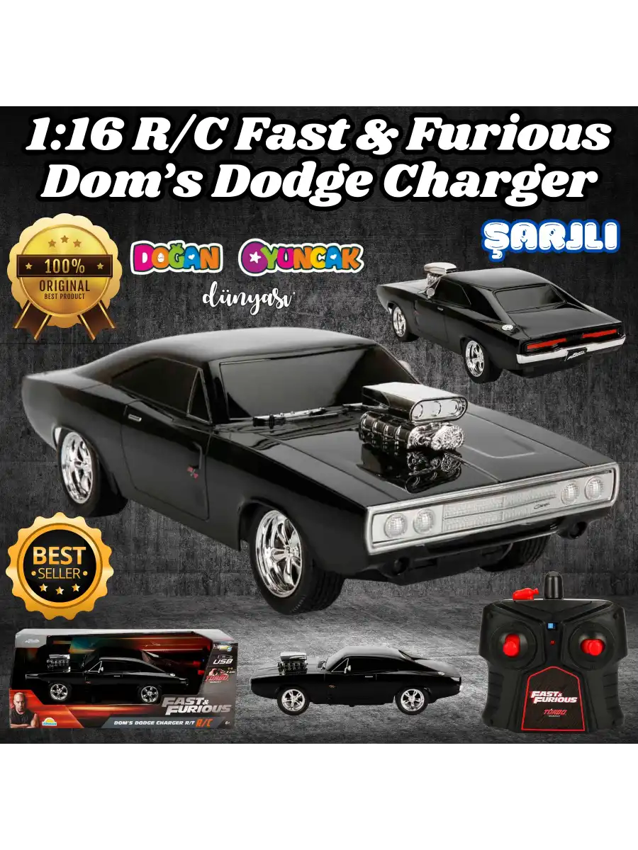 Fast & Furious Dom’s Dodge Charger R/T 1:16 USB Şarjlı Uzaktan Kumandalı Araba - Kumandalı Araç - R/C Araba