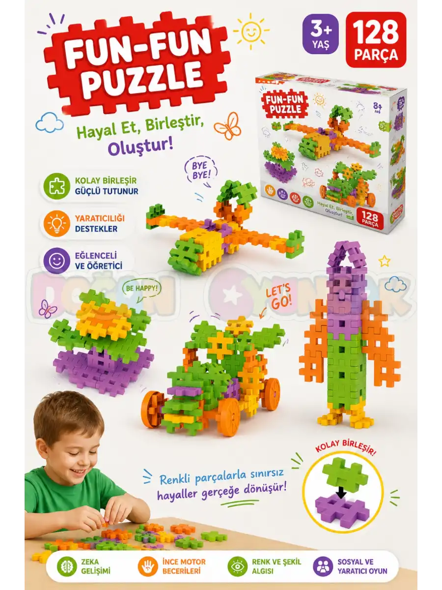 FunFun Puzzle (128 Parça) - Lego Setleri - Geometrik Oyuncak - Fun-Fun - Kare Bloklar