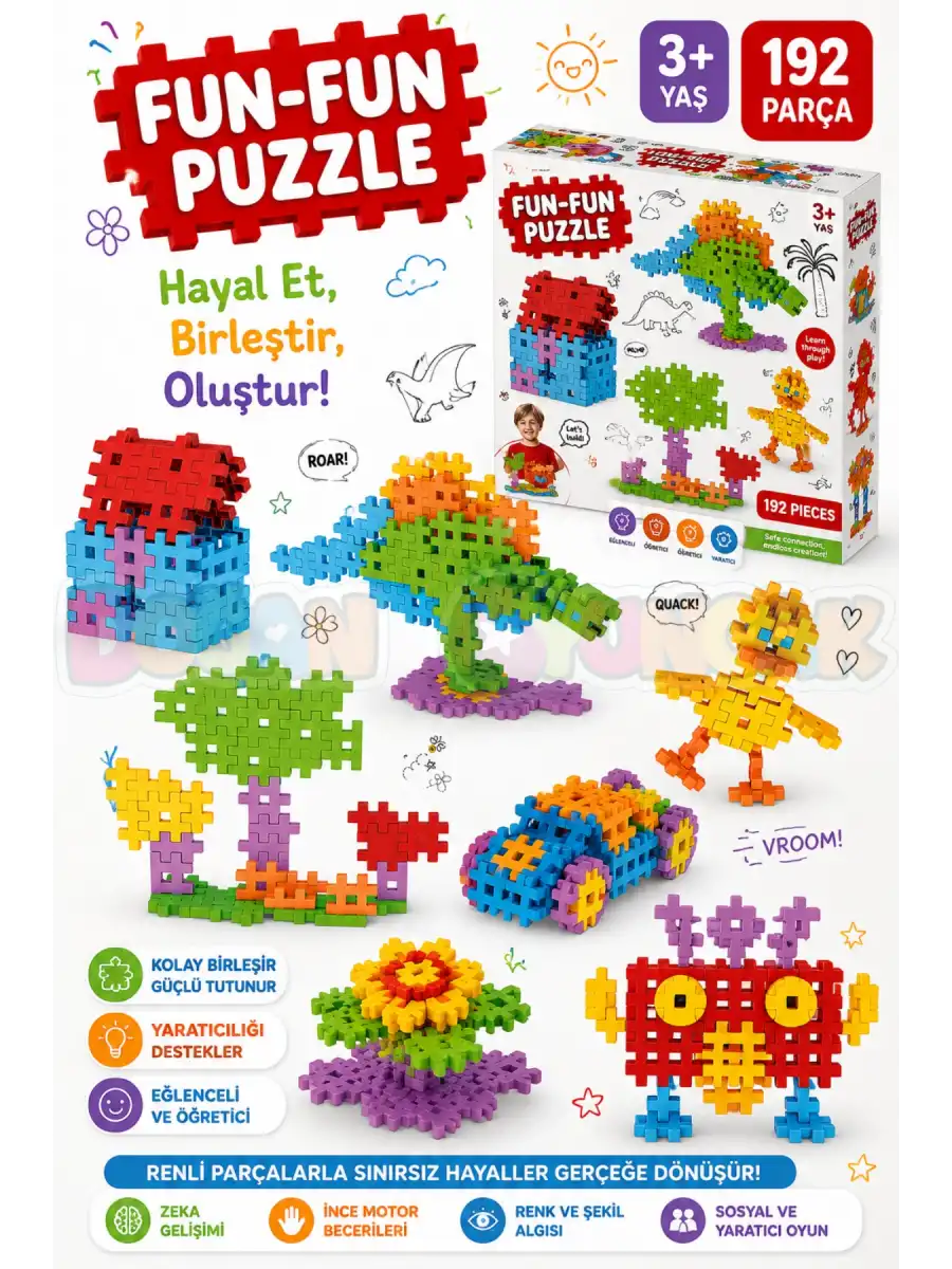 FunFun Puzzle (192 Parça) - Lego Setleri - Geometrik Oyuncak - Fun-Fun - Kare Bloklar