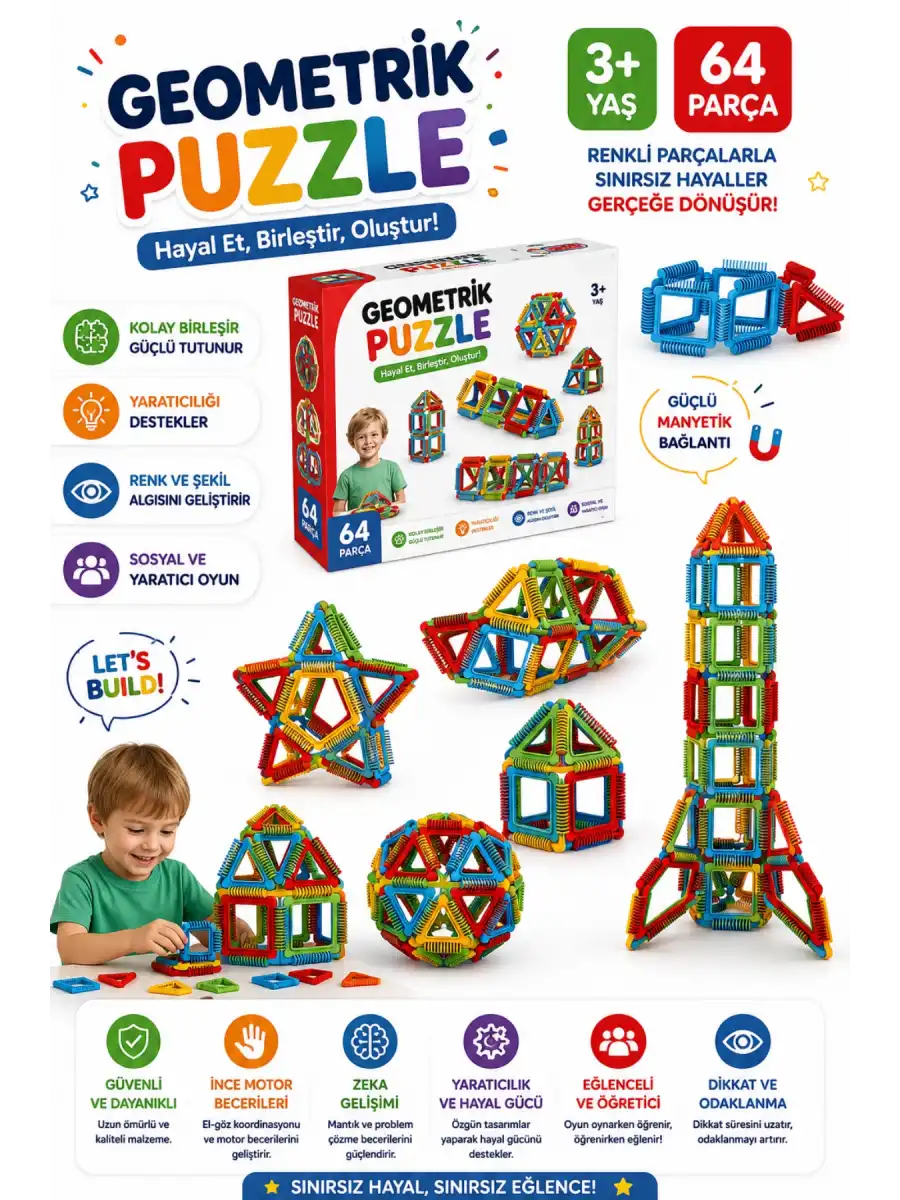 Geometrik Puzzle (64 Parça) - Lego Setleri - Geometrik Oyuncak - Şekilli Lego - Kare Bloklar