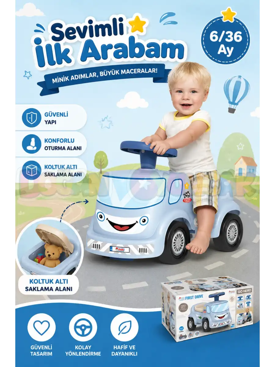Go Hero İlk Arabam Mavi - Binmeli Araba İlk Arabam - Çocuk Arabası - İlk Adım Arabası - 4 Teker Araç