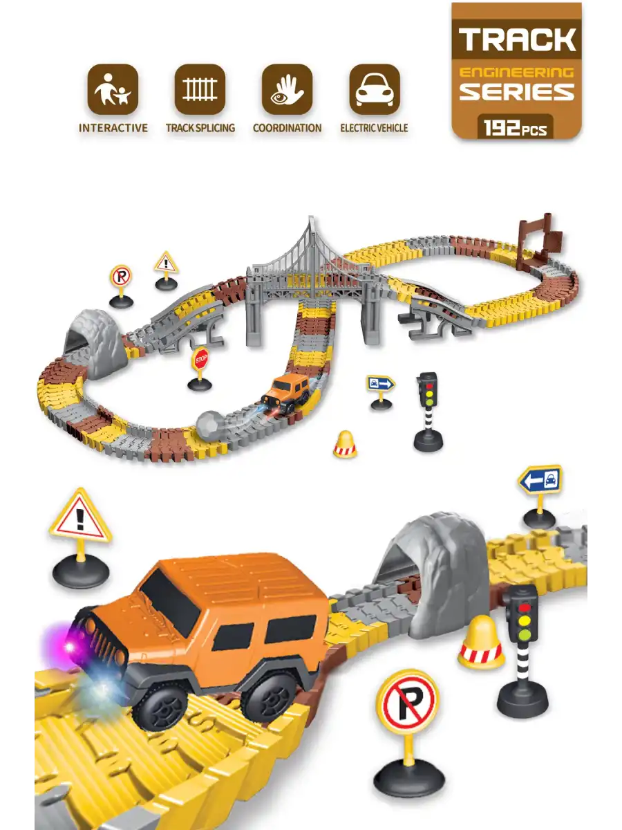 İnşaat Trucks 192 Parça Raylı Pist - Raylı Araç Oyuncak - Tren Oyuncak - Renkli Araç Yolu - İnşaat Seti