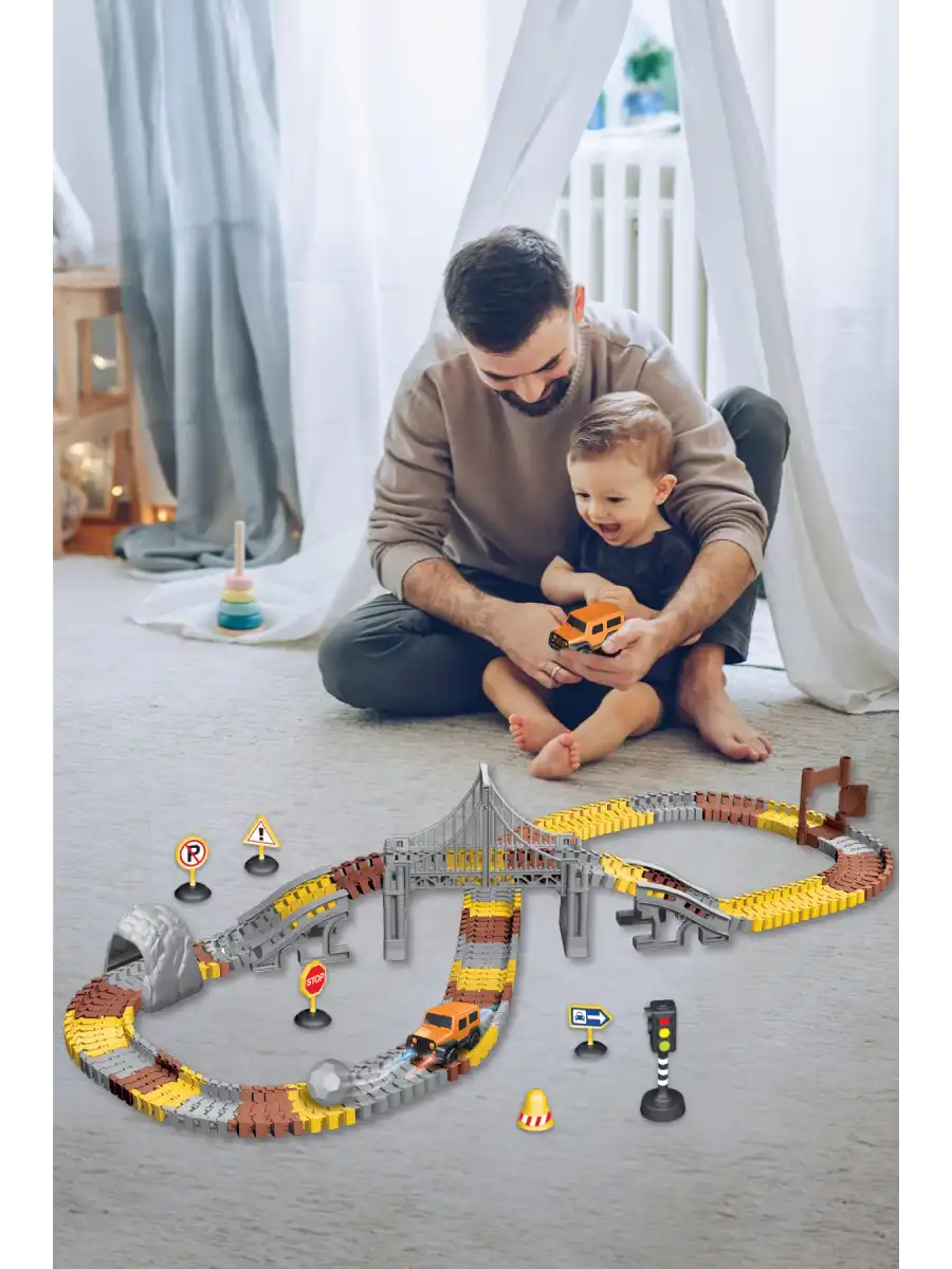 İnşaat Trucks 192 Parça Raylı Pist - Raylı Araç Oyuncak - Tren Oyuncak - Renkli Araç Yolu - İnşaat Seti