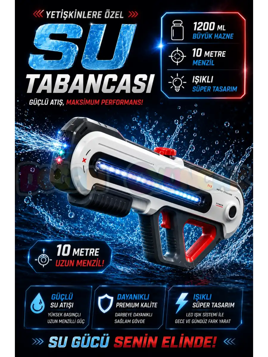 Işıklı Şarjlı Yetişkinler İçin Su Tabancası 10 Metre Menzilli 1000 Ml - Elektirikli Su Tabancası