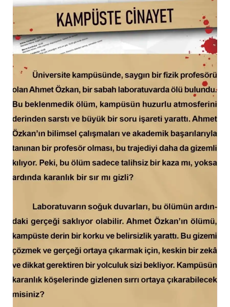 Kampüste Cinayet Dedektif Oyunu - Dava Çözme Oyunu - Suç Çözme Oyunu - Cinayet Oyunu Cinayet Çözme