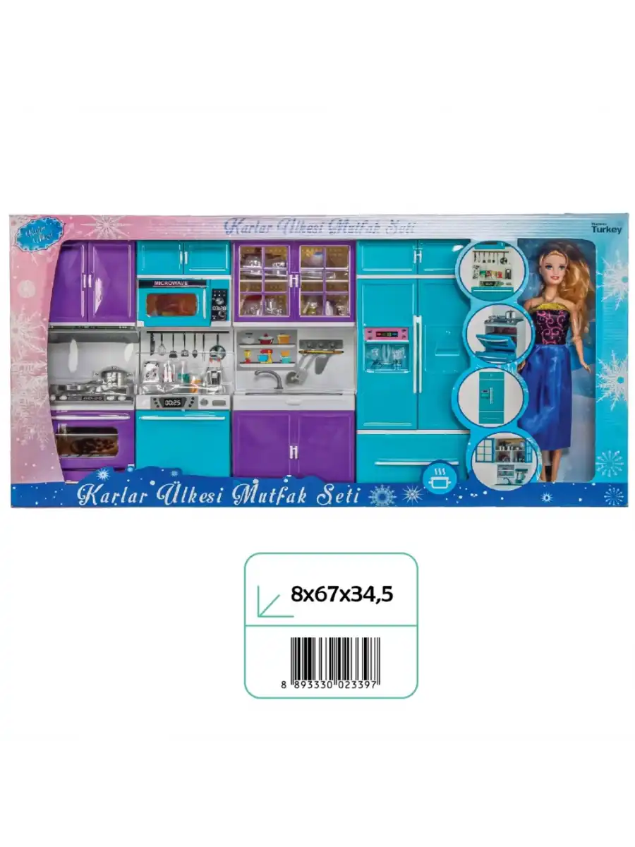 Karlar Ülkesi Bebekli Dörtlü Mutfak Seti - Frozen Modern Mutfak Seti - Işıklı Sesli Mutfak Oyuncak - Fırın, Buzdolabı, Bulaşık, Lavabo