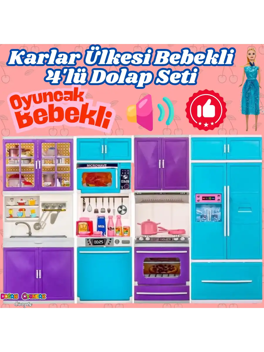 Karlar Ülkesi Bebekli Dörtlü Mutfak Seti - Frozen Modern Mutfak Seti - Işıklı Sesli Mutfak Oyuncak - Fırın, Buzdolabı, Bulaşık, Lavabo