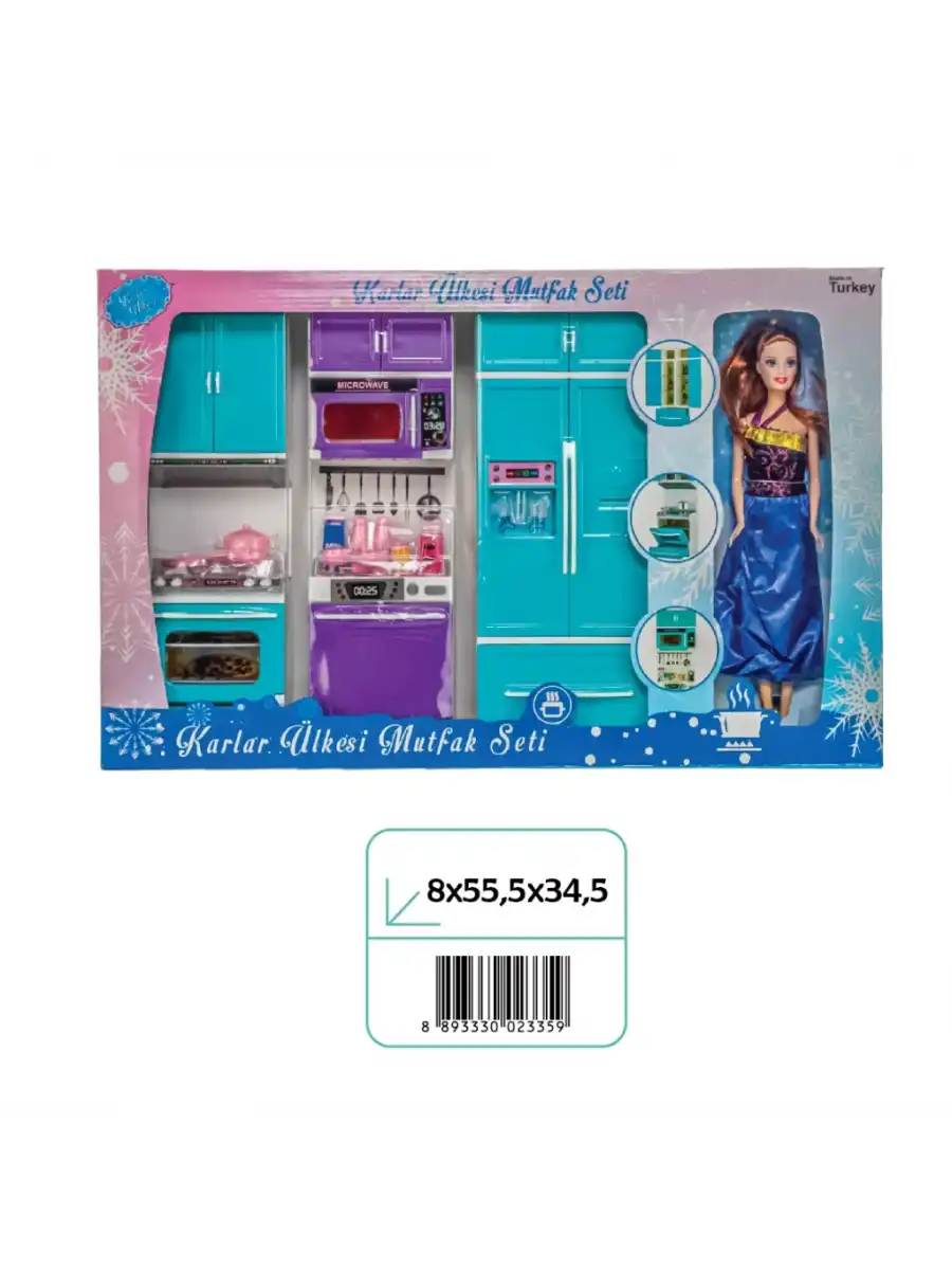 Karlar Ülkesi Bebekli Üçlü Mutfak Seti - Frozen Modern Mutfak Seti - Işıklı Sesli Mutfak Oyuncak - Fırın, Buzdolabı, Bulaşık