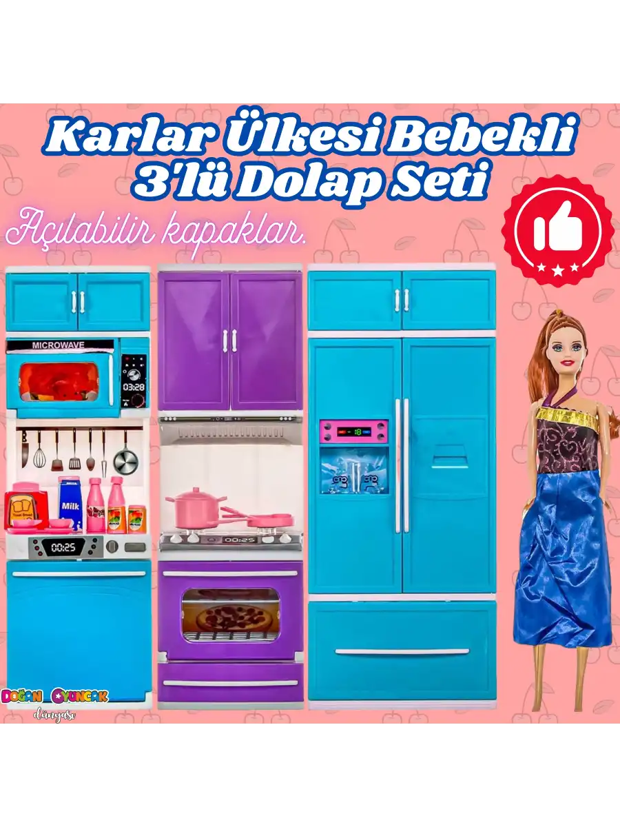 Karlar Ülkesi Bebekli Üçlü Mutfak Seti - Frozen Modern Mutfak Seti - Işıklı Sesli Mutfak Oyuncak - Fırın, Buzdolabı, Bulaşık
