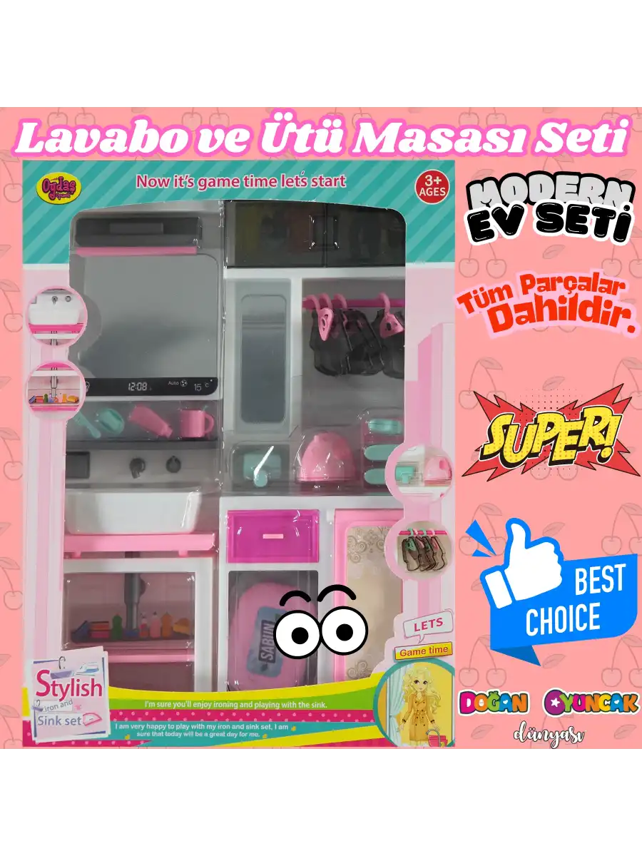 Lavabo ve Ütü Masası Banyo Seti - Modern Banyo Seti - Minyatür Ev Oyuncak Seti - Banyo Oyuncak Seti - Lavabo, Ütü Masası Oyuncak