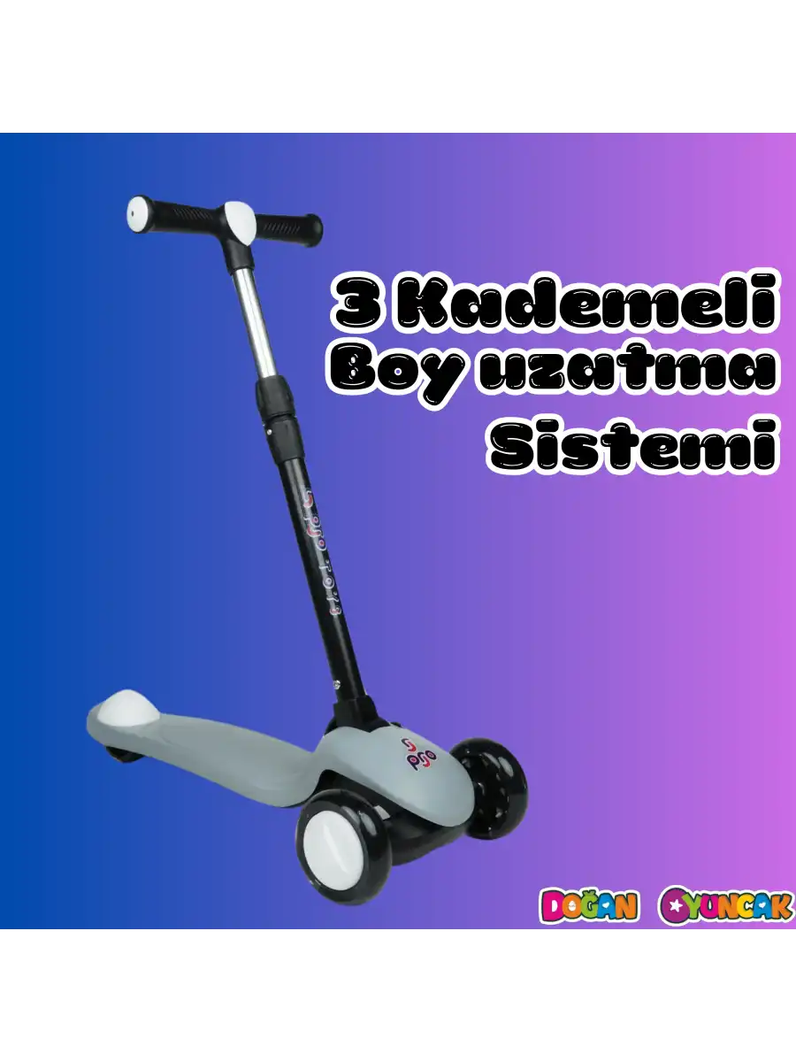 Lupa Katlanabilir Işıklı 3 Tekerlekli Gri Scooter - Işıklı Scooter - Slikon Teker Scooter - Çocuk Scooter - İttir Git