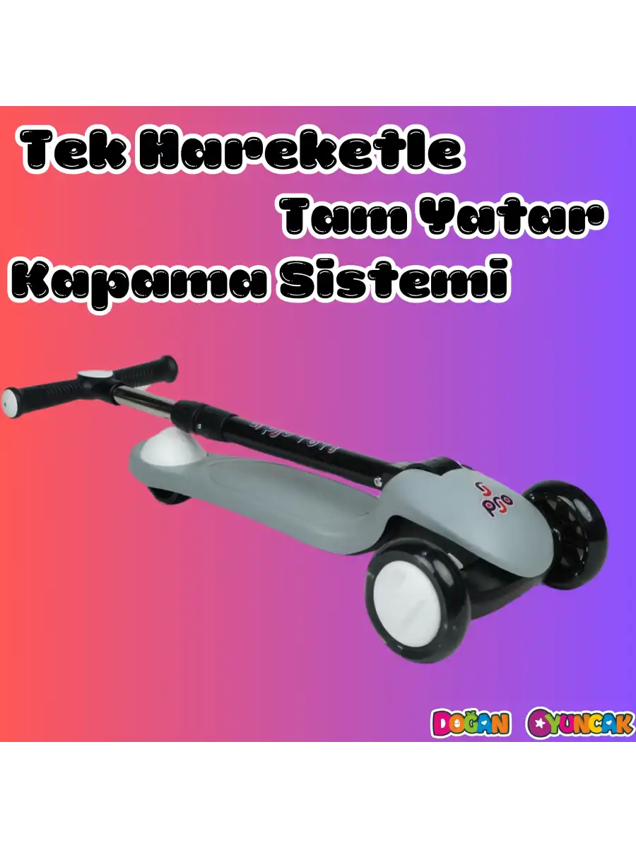 Lupa Katlanabilir Işıklı 3 Tekerlekli Gri Scooter - Işıklı Scooter - Slikon Teker Scooter - Çocuk Scooter - İttir Git
