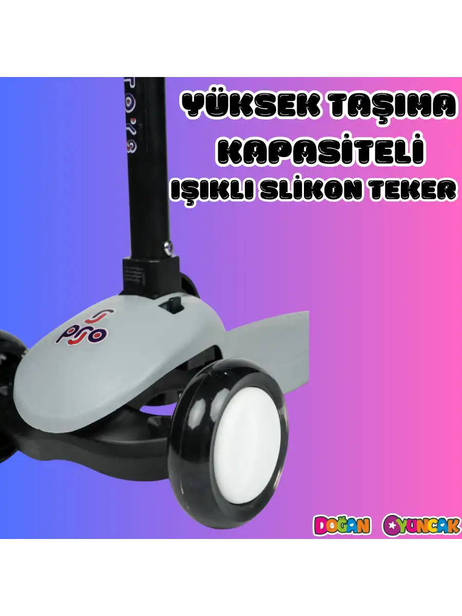 Lupa Katlanabilir Işıklı 3 Tekerlekli Gri Scooter - Işıklı Scooter - Slikon Teker Scooter - Çocuk Scooter - İttir Git