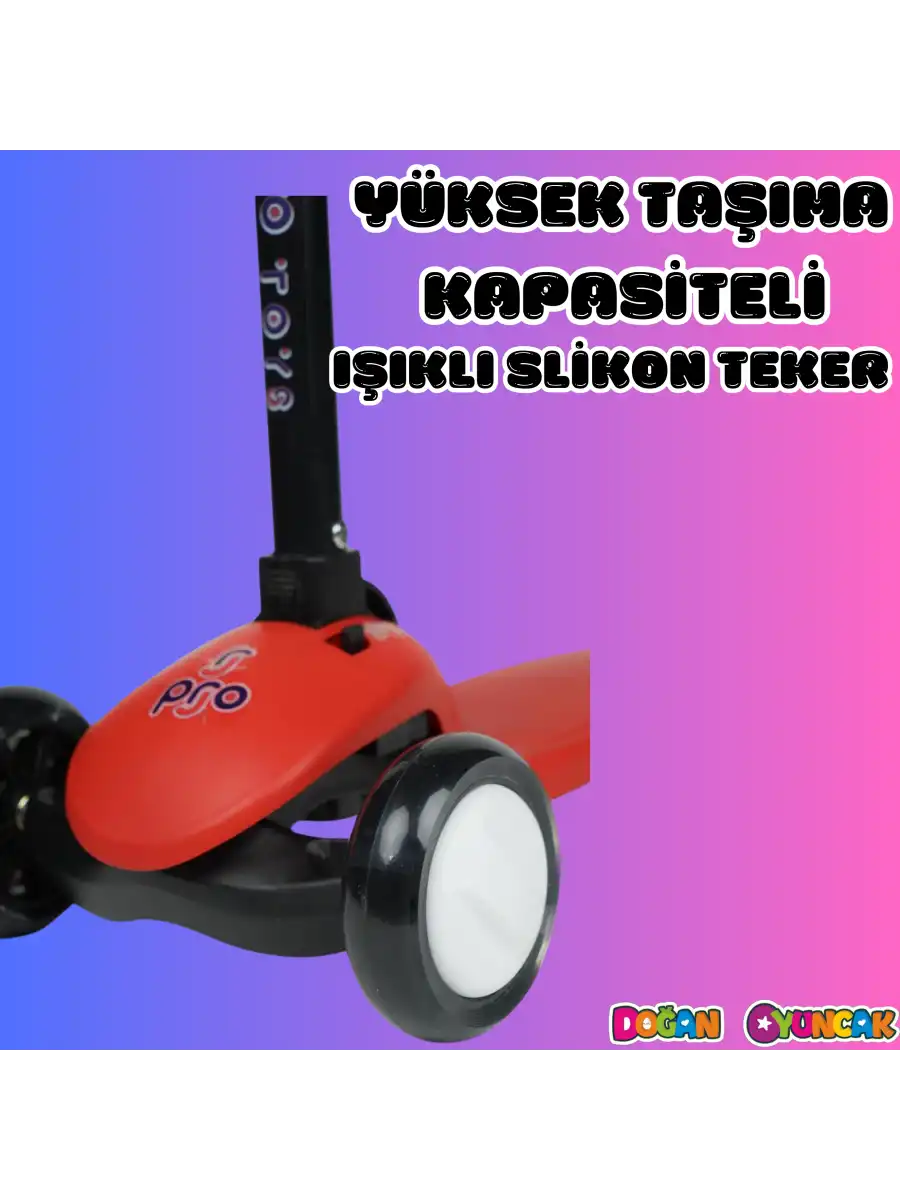 Lupa Katlanabilir Işıklı 3 Tekerlekli Kırmızı Scooter - Işıklı Scooter - Slikon Teker Scooter - Çocuk Scooter - İttir Git