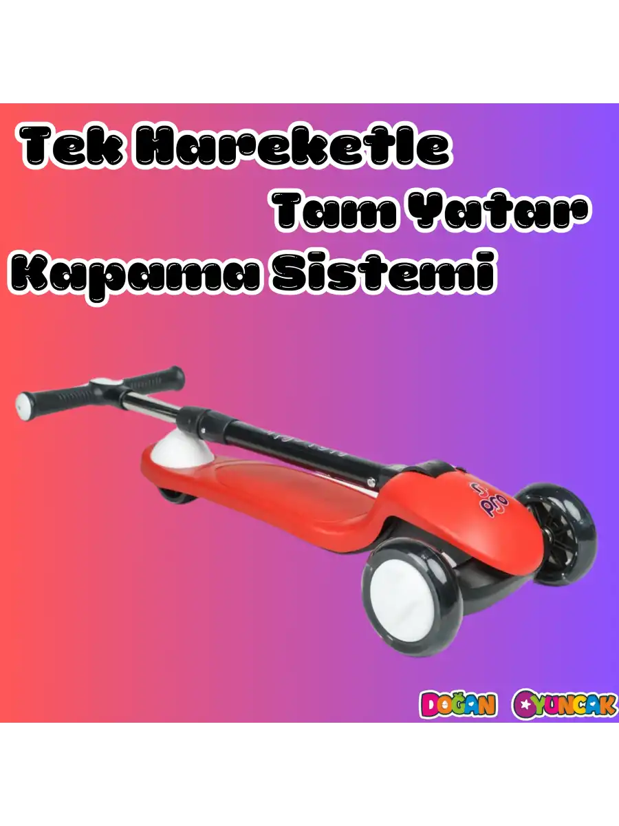 Lupa Katlanabilir Işıklı 3 Tekerlekli Kırmızı Scooter - Işıklı Scooter - Slikon Teker Scooter - Çocuk Scooter - İttir Git