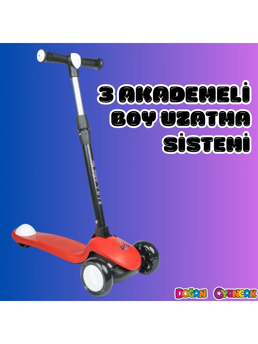 Lupa Katlanabilir Işıklı 3 Tekerlekli Kırmızı Scooter - Işıklı Scooter - Slikon Teker Scooter - Çocuk Scooter - İttir Git