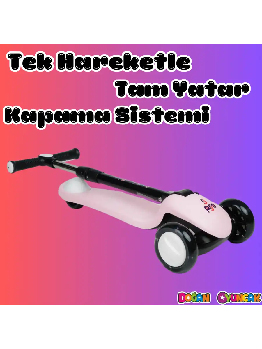Lupa Katlanabilir Işıklı 3 Tekerlekli Pembe Scooter - Işıklı Scooter - Slikon Teker Scooter - Çocuk Scooter - İttir Git