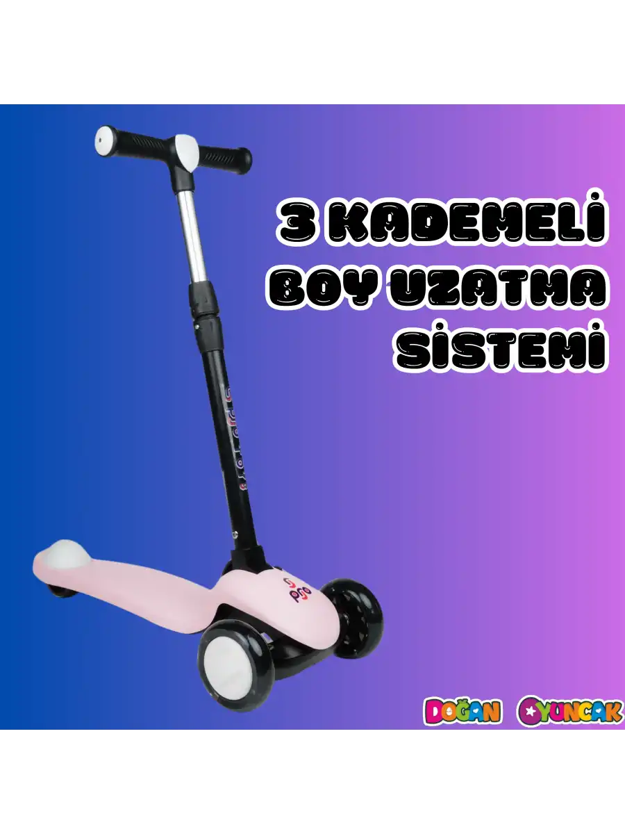 Lupa Katlanabilir Işıklı 3 Tekerlekli Pembe Scooter - Işıklı Scooter - Slikon Teker Scooter - Çocuk Scooter - İttir Git