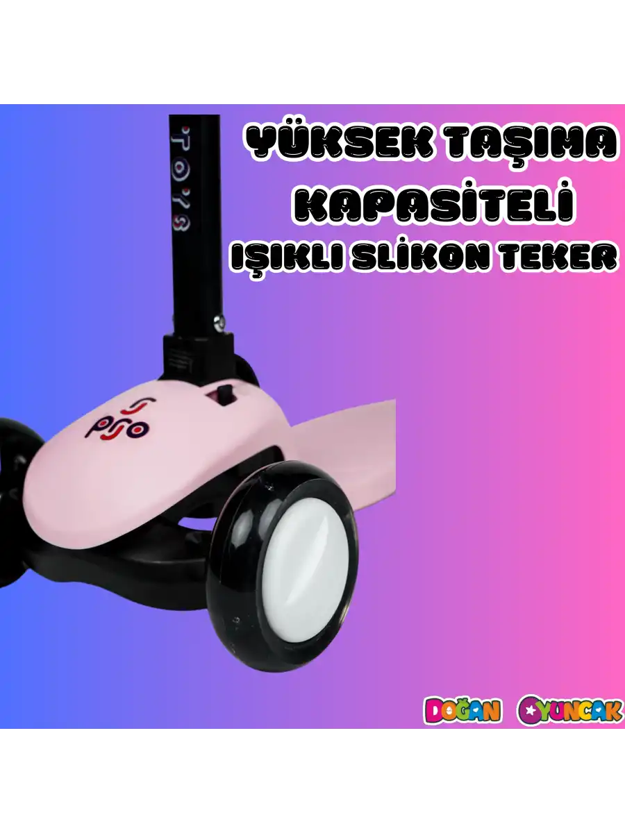 Lupa Katlanabilir Işıklı 3 Tekerlekli Pembe Scooter - Işıklı Scooter - Slikon Teker Scooter - Çocuk Scooter - İttir Git