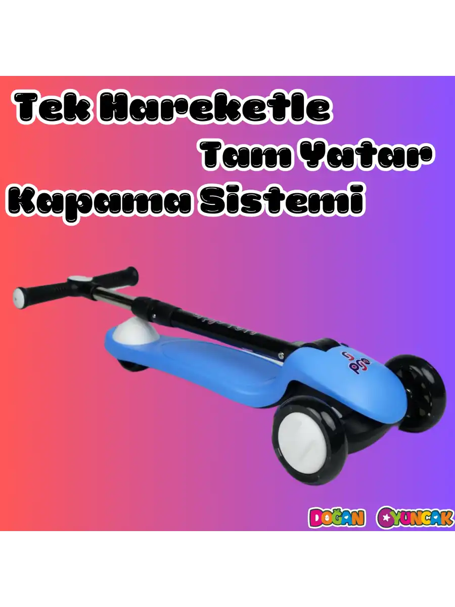 Lupa Katlanabilir Işıklı 3 Tekerlekli Mavi Scooter - Işıklı Scooter - Slikon Teker Scooter - Çocuk Scooter - İttir Git