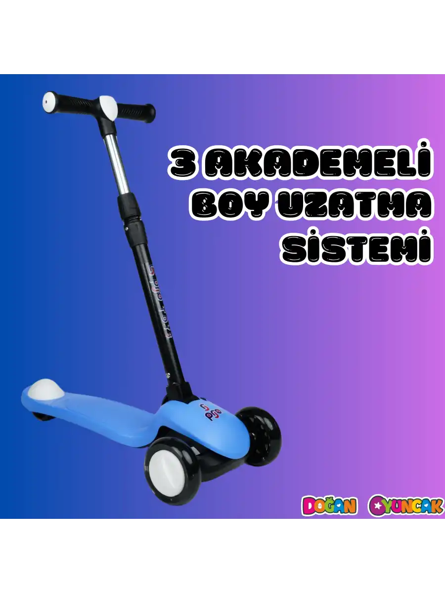 Lupa Katlanabilir Işıklı 3 Tekerlekli Mavi Scooter - Işıklı Scooter - Slikon Teker Scooter - Çocuk Scooter - İttir Git