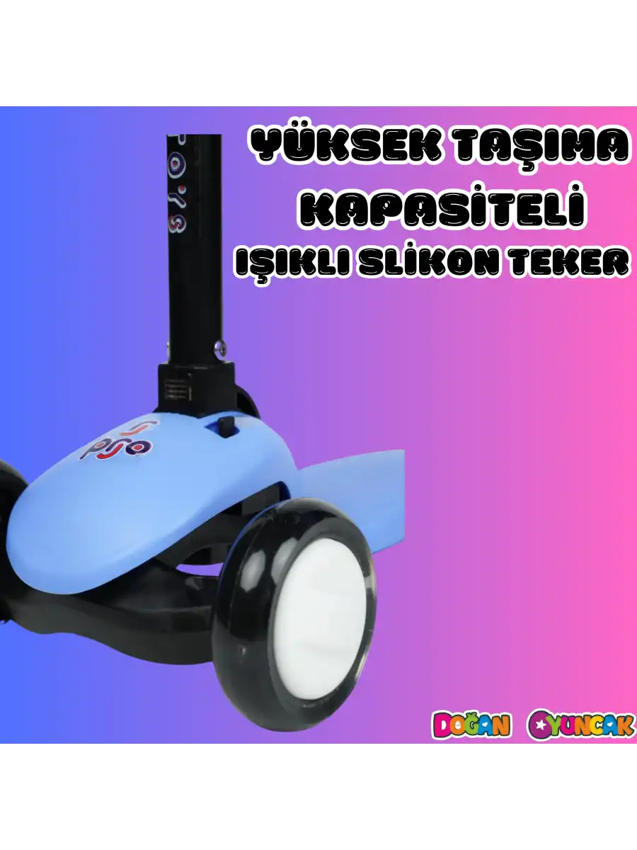Lupa Katlanabilir Işıklı 3 Tekerlekli Mavi Scooter - Işıklı Scooter - Slikon Teker Scooter - Çocuk Scooter - İttir Git