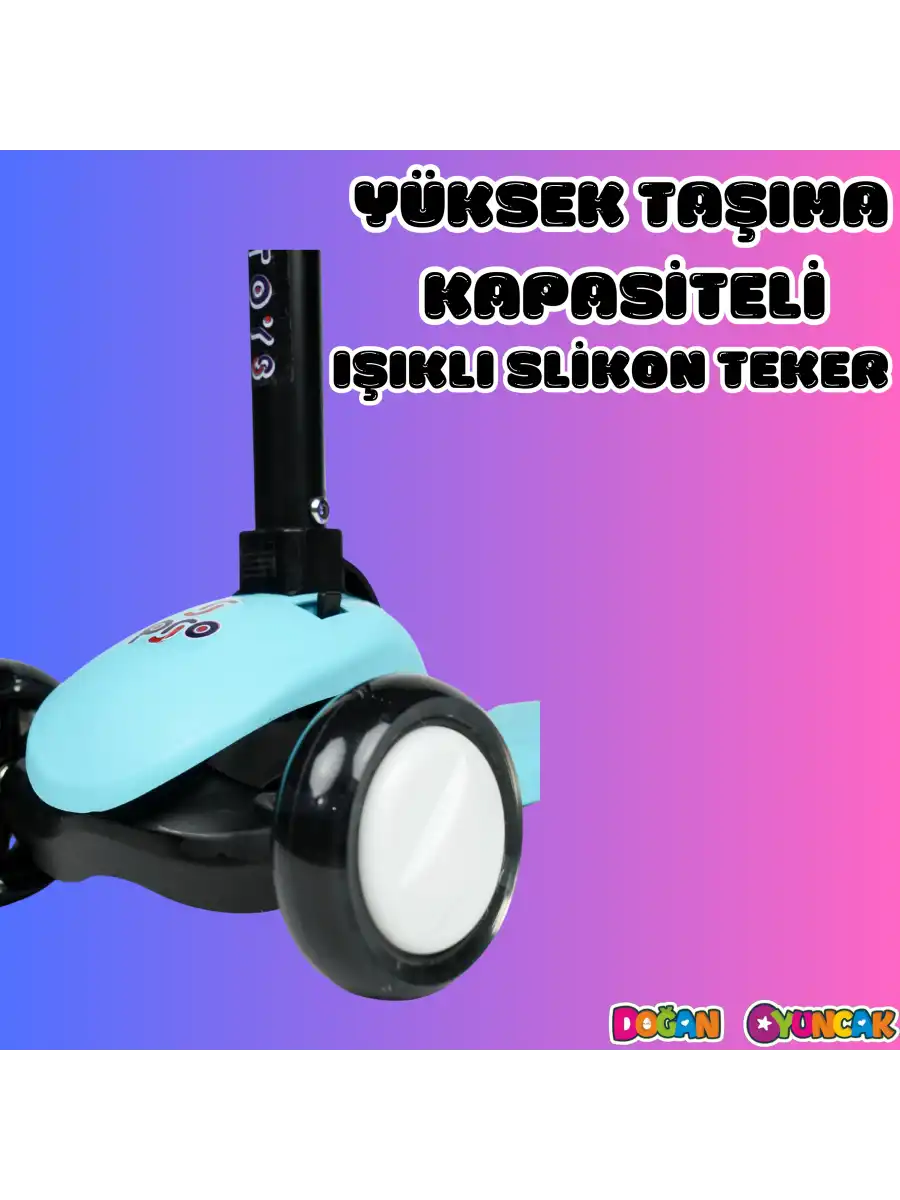 Lupa Katlanabilir Işıklı 3 Tekerlekli Turkuaz Scooter - Işıklı Scooter - Slikon Teker Scooter - Çocuk Scooter - İttir Git