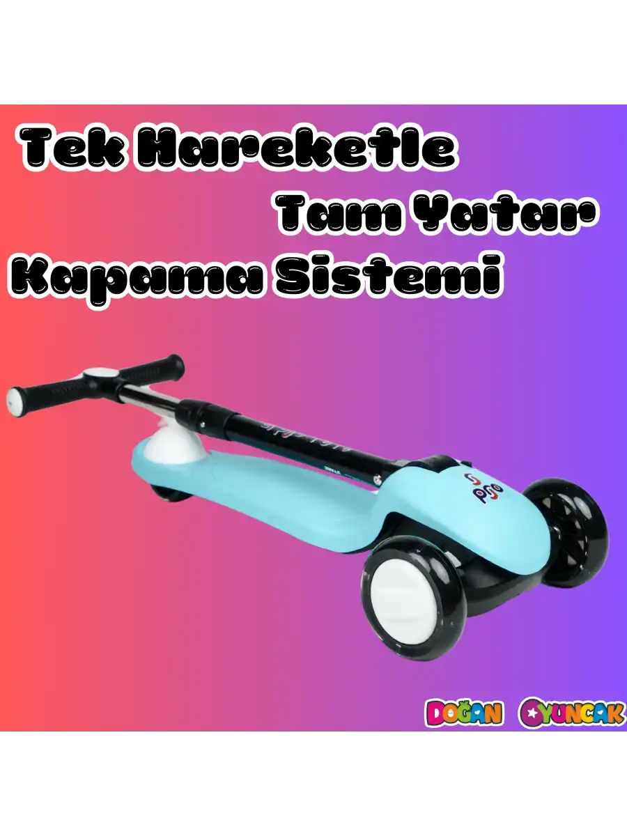 Lupa Katlanabilir Işıklı 3 Tekerlekli Turkuaz Scooter - Işıklı Scooter - Slikon Teker Scooter - Çocuk Scooter - İttir Git