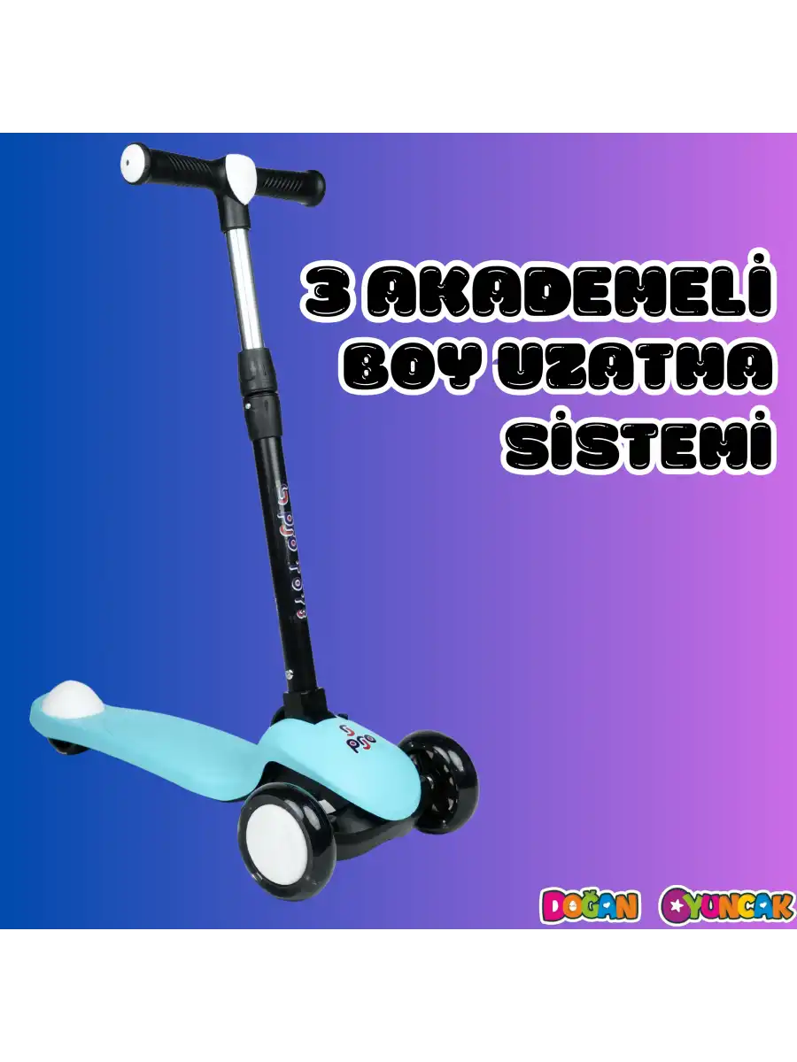 Lupa Katlanabilir Işıklı 3 Tekerlekli Turkuaz Scooter - Işıklı Scooter - Slikon Teker Scooter - Çocuk Scooter - İttir Git