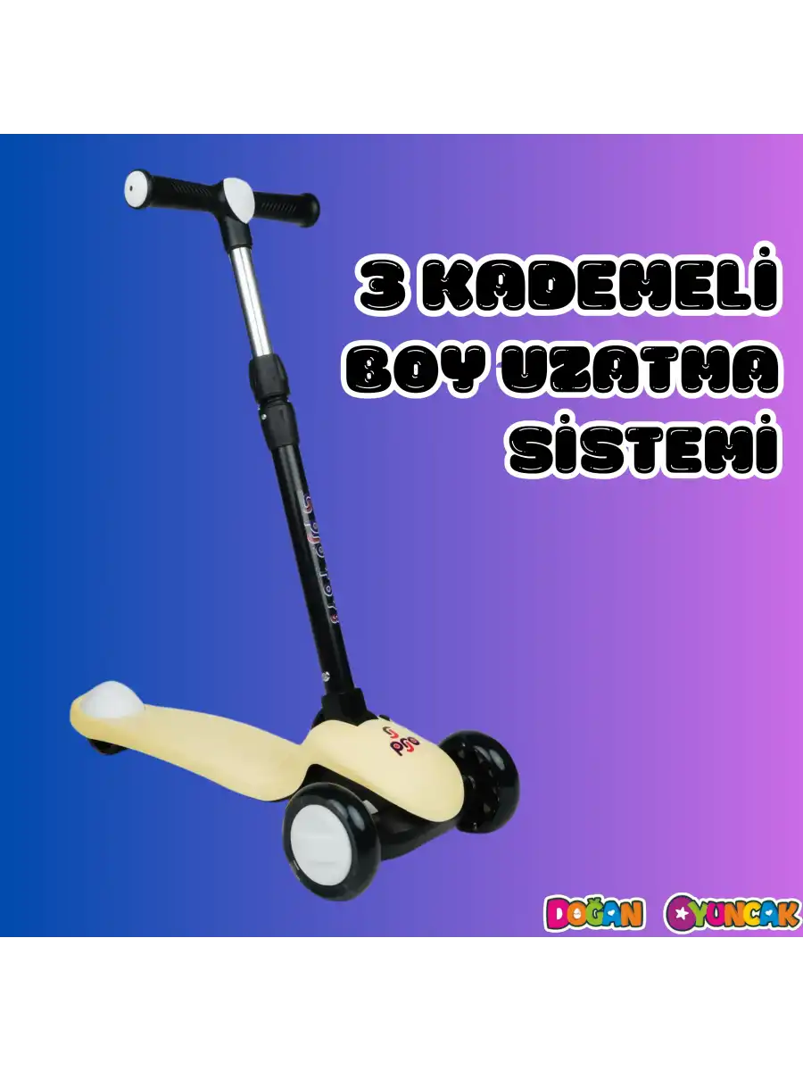 Lupa Katlanabilir Işıklı 3 Tekerlekli Sarı Scooter - Işıklı Scooter - Slikon Teker Scooter - Çocuk Scooter - İttir Git