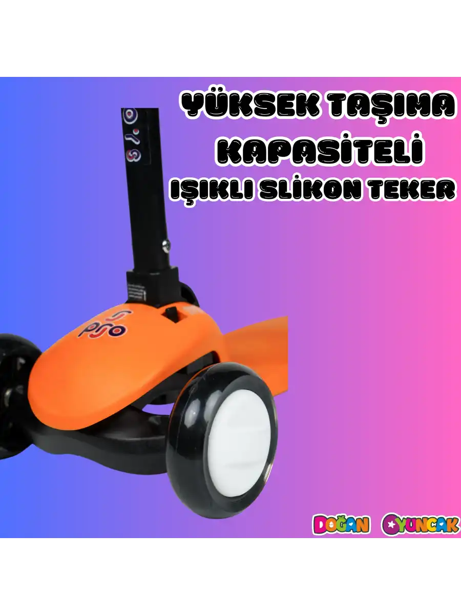 Lupa Katlanabilir Işıklı 3 Tekerlekli Turuncu Scooter - Işıklı Scooter - Slikon Teker Scooter - Çocuk Scooter - İttir Git