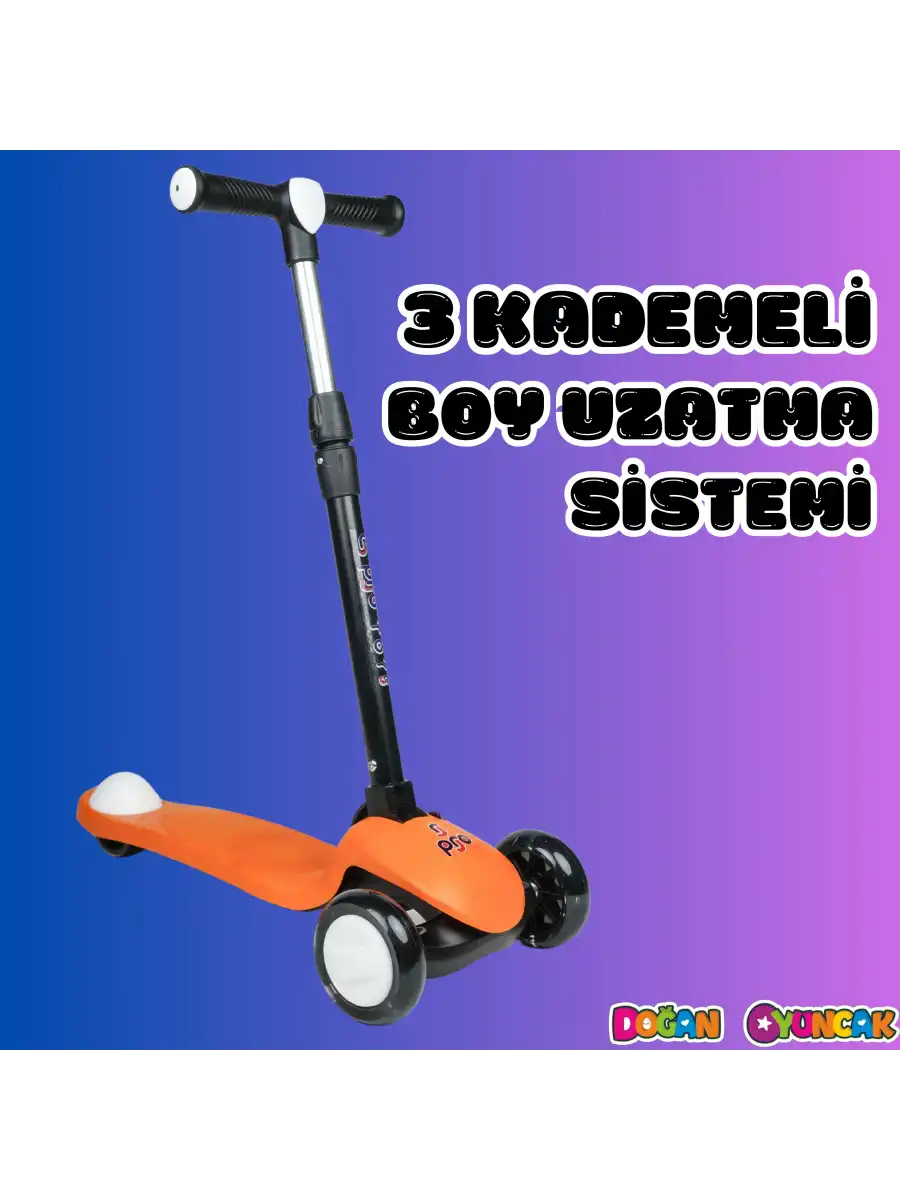 Lupa Katlanabilir Işıklı 3 Tekerlekli Turuncu Scooter - Işıklı Scooter - Slikon Teker Scooter - Çocuk Scooter - İttir Git