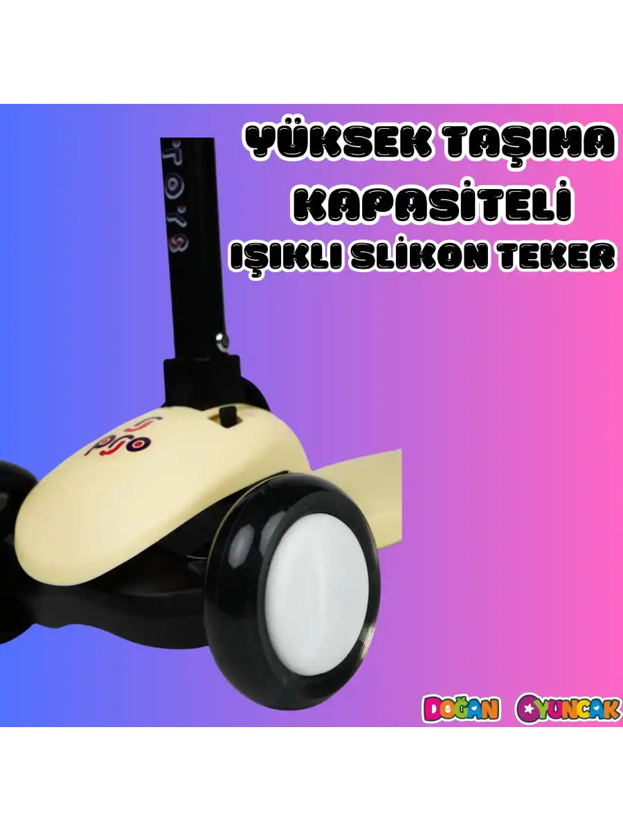 Lupa Katlanabilir Işıklı 3 Tekerlekli Sarı Scooter - Işıklı Scooter - Slikon Teker Scooter - Çocuk Scooter - İttir Git