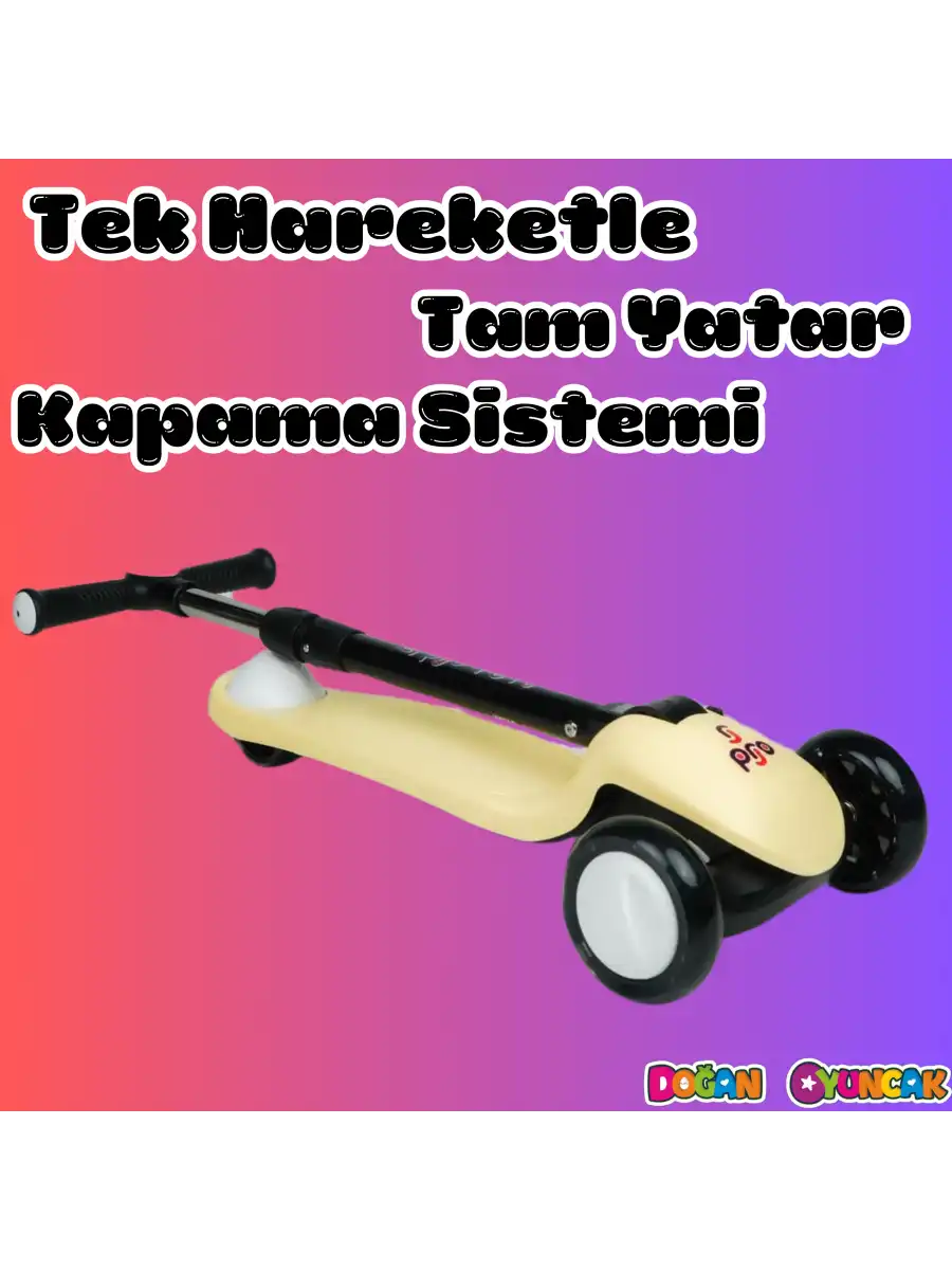 Lupa Katlanabilir Işıklı 3 Tekerlekli Sarı Scooter - Işıklı Scooter - Slikon Teker Scooter - Çocuk Scooter - İttir Git