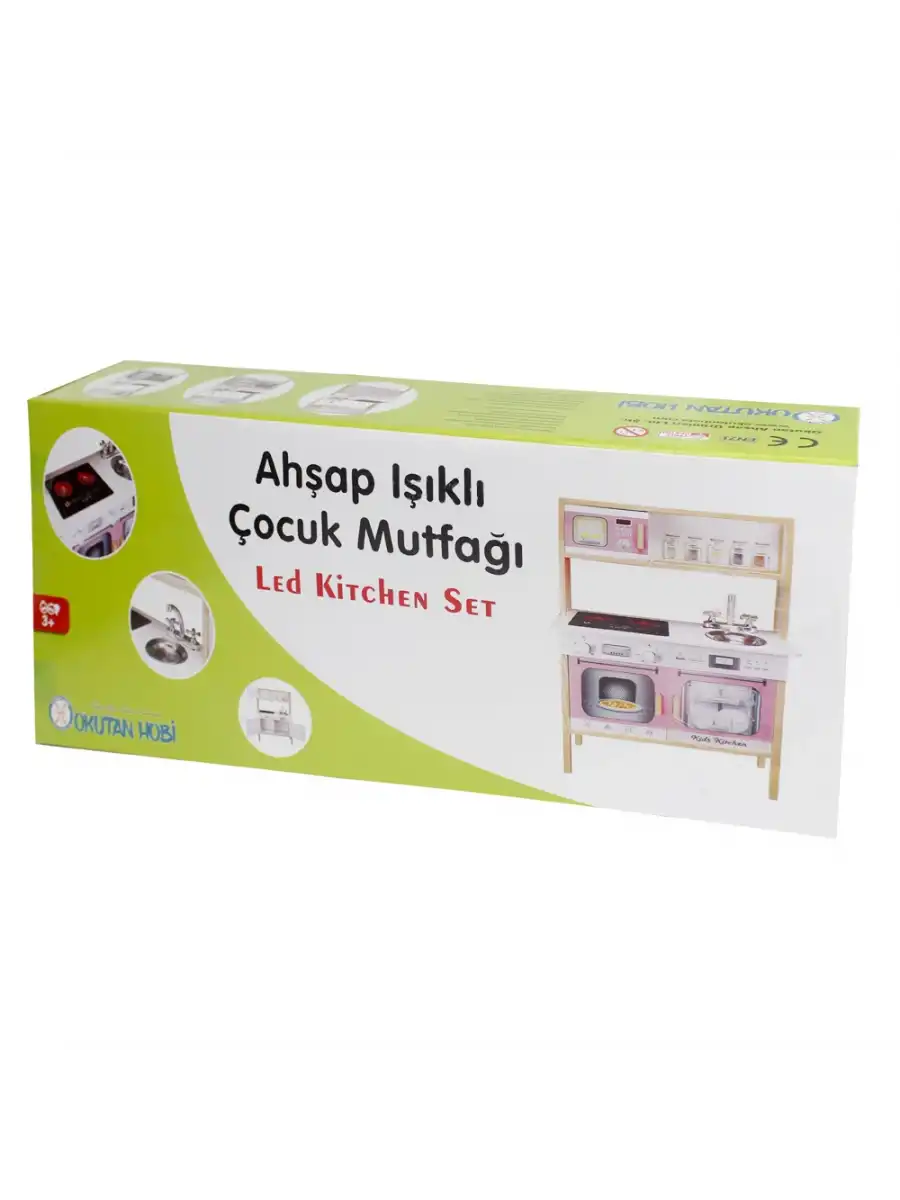 Lüx Işıklı Hamarat Ahşap Mutfak - Ahşap Çocuk Mutfağı - Mutfak Seti - Kapaklı Mutfak - Pembe