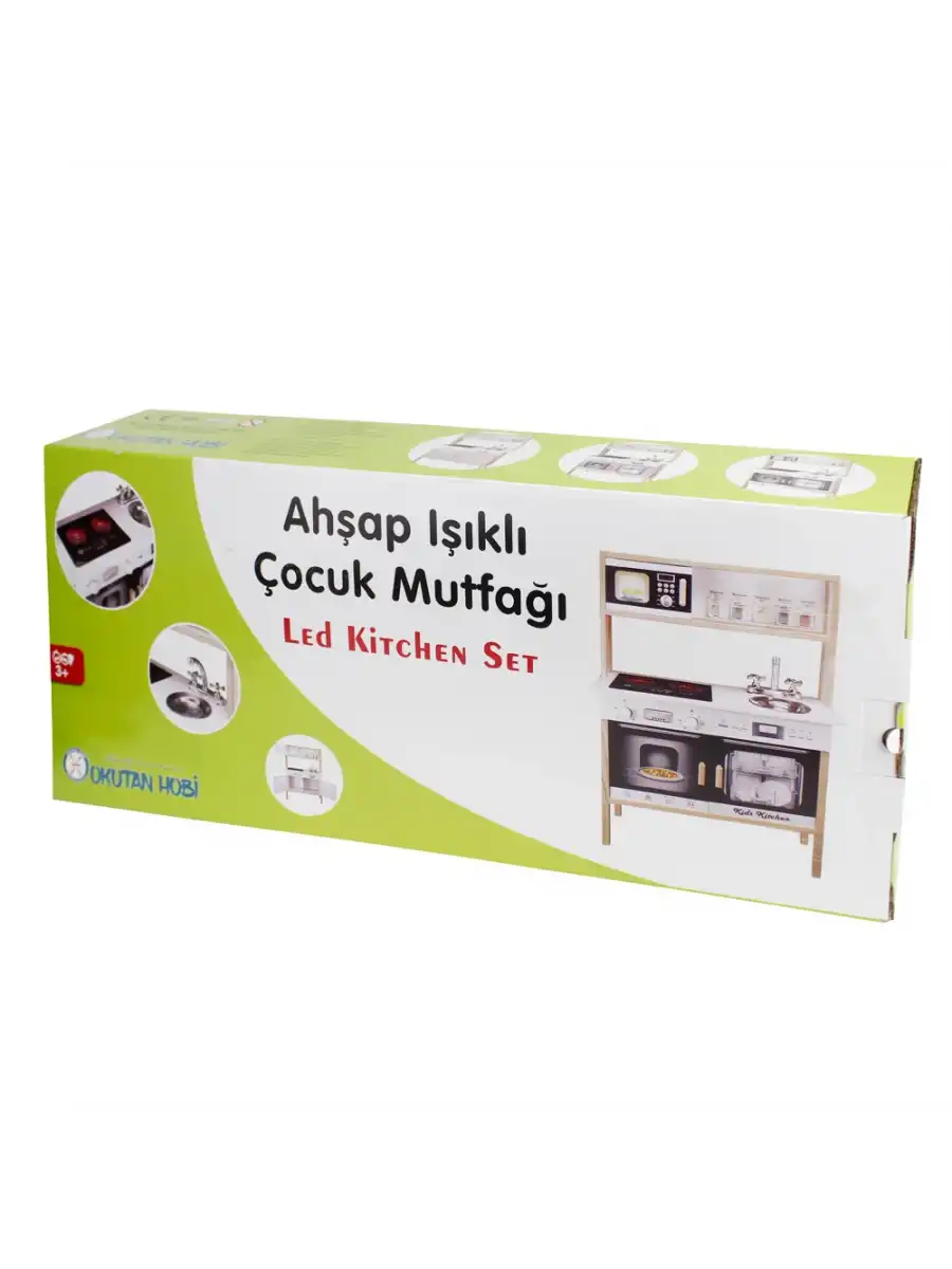 Lüx Işıklı Hamarat Ahşap Mutfak - Ahşap Çocuk Mutfağı - Mutfak Seti - Kapaklı Mutfak - Siyah