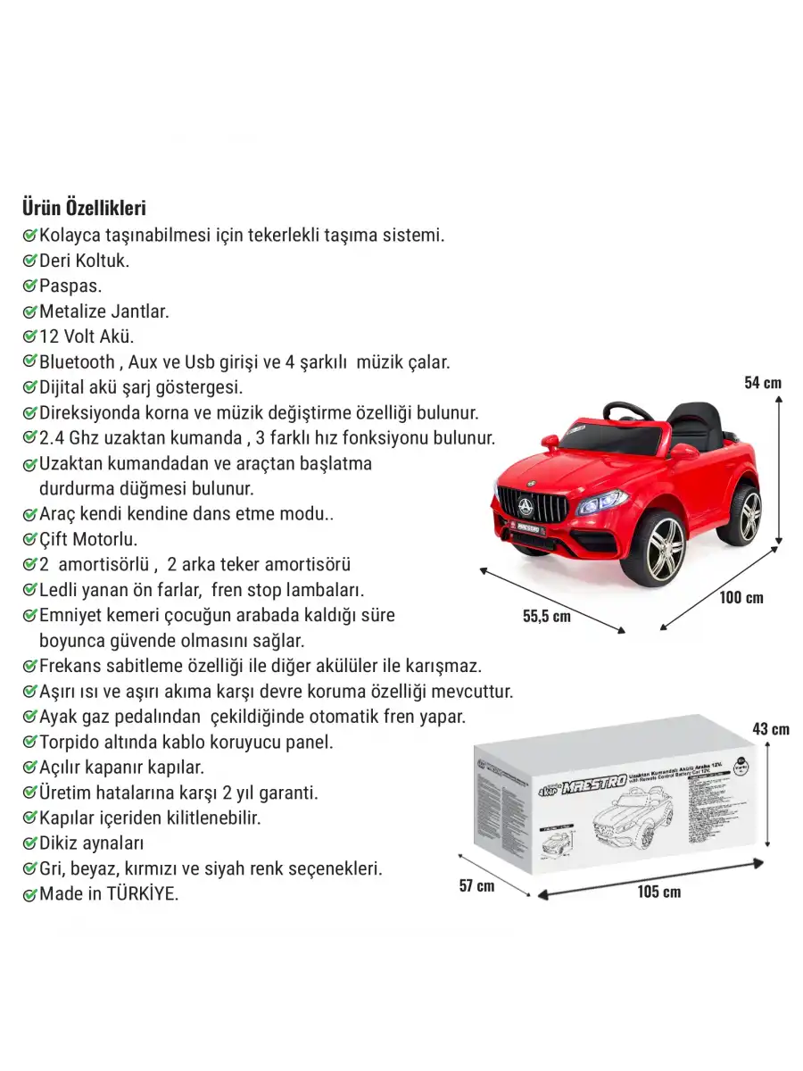 Maestro GT Kırmızı Uzaktan Kumandalı 4X2 12 Volt Akülü Araba - RC Mercedes Akülü Araba