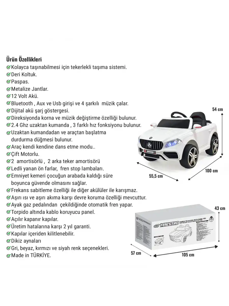 Maestro GT Beyaz Uzaktan Kumandalı 4X2 12 Volt Akülü Araba - RC Mercedes Akülü Araba