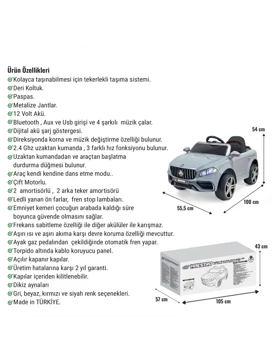 Maestro GT Gri Uzaktan Kumandalı 4X2 12 Volt Akülü Araba - RC Mercedes Akülü Araba