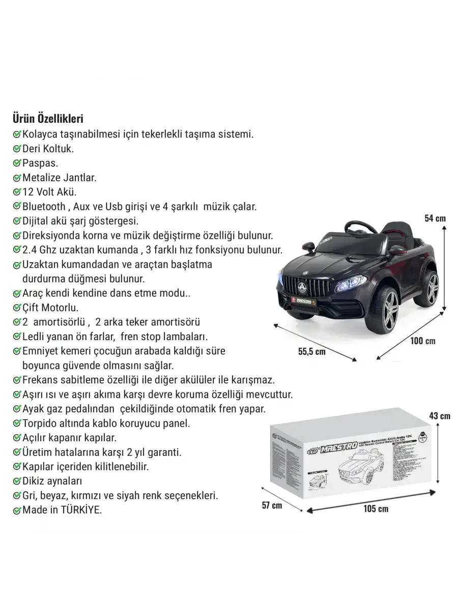 Maestro GT Siyah Uzaktan Kumandalı 4X2 12 Volt Akülü Araba - RC Mercedes Akülü Araba