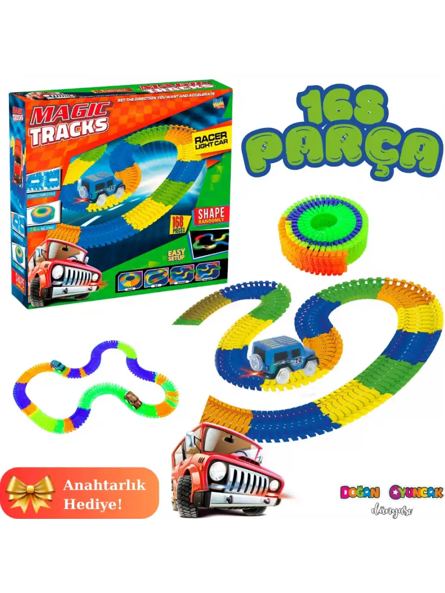 Magic Trucks 168 Parça Raylı Pist - Raylı Araç Oyuncak - Tren Oyuncak - Renkli Araç Yolu - Pist Set