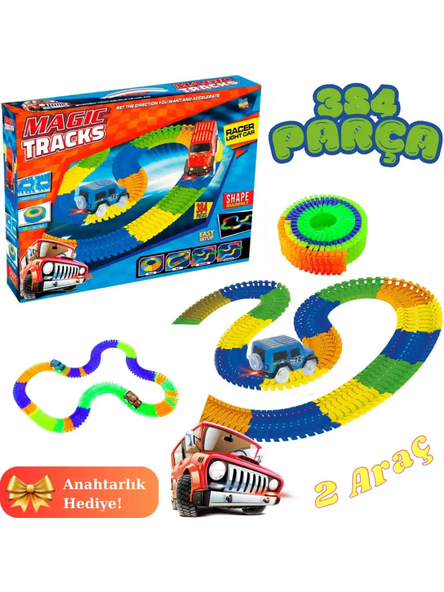 Magic Trucks 384 Parça Raylı Pist - Raylı Araç Oyuncak - Tren Oyuncak - Renkli Araç Yolu - Pist Set